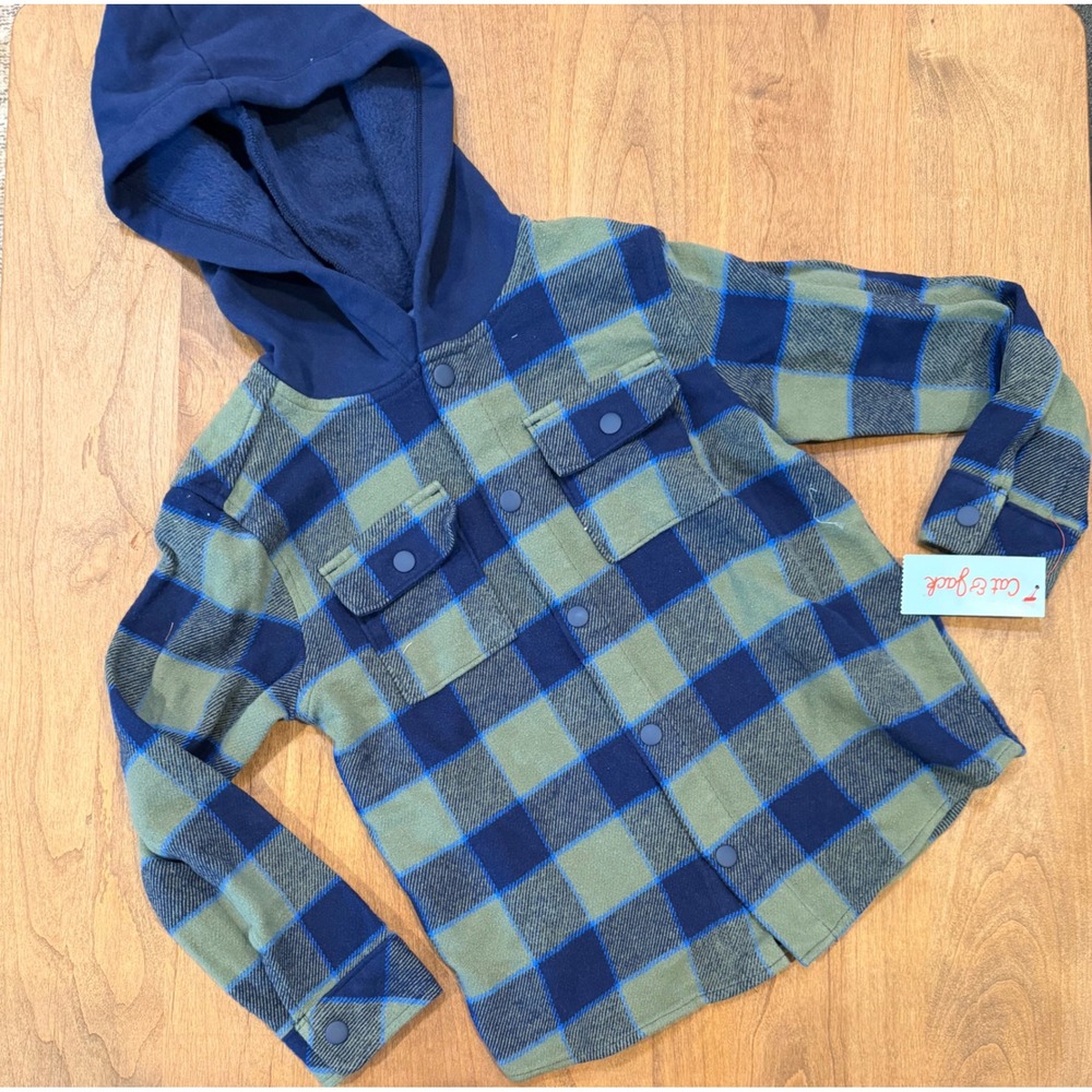 Cat & Jack Boys Blue Green Plaid Hooded Flannel Shirt Jacket Shacket Size S 6/7